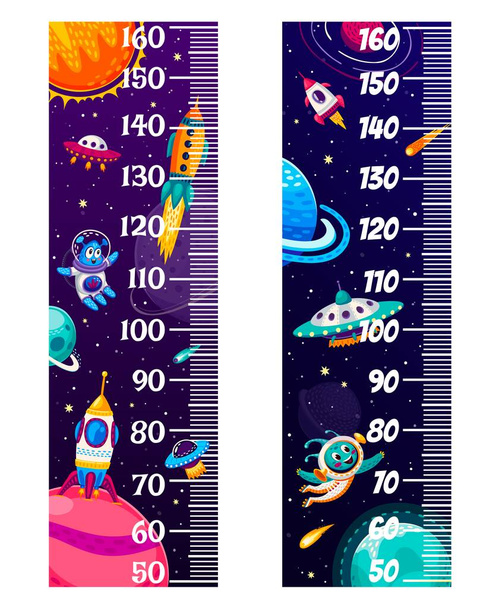 Sarjakuva ulkomaalainen galaksin avaruudessa. Lasten korkeus kaavio hallitsija planeettoja, avaruusaluksia ja Ufo lautaset, kasvu mittari. Vektoriseinän tarravaaka lasten korkeuden mittaamiseen maailmankaikkeuden kosmoksella - Vektori, kuva