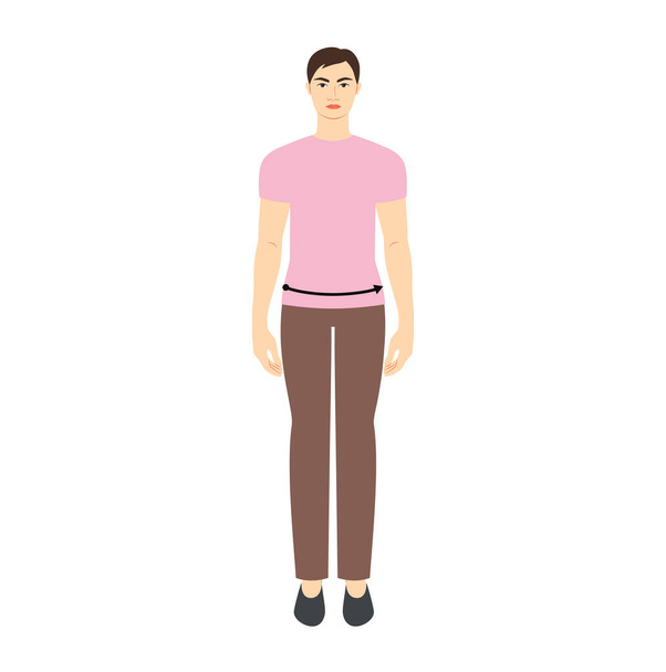 Men to do lower waist measurement body with arrows fashion Illustration for size chart. Flat male character front 8 head size boy in pink shirt. Human gentlemen infographic template for clothes - Vector, Image