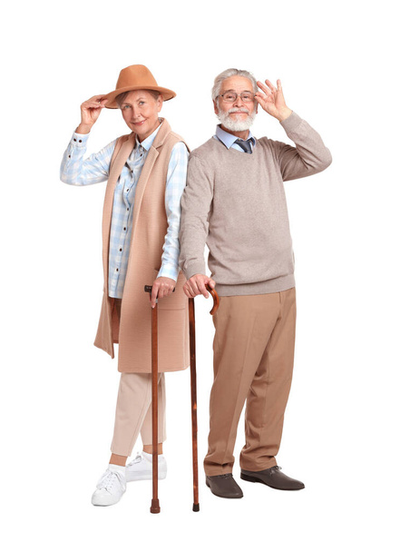 Senior man and woman with walking canes on white background - Fotografie, Obrázek
