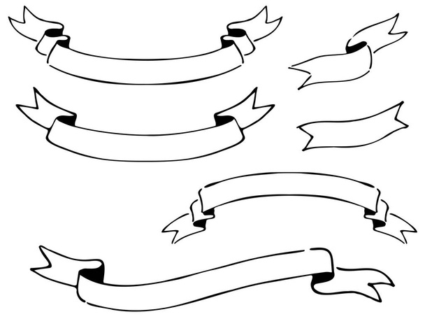 Collection of handwritten simple monochrome title ribbons. White ribbons bordered with black lines. - Vector, Image