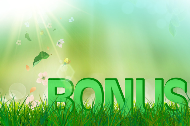 Bono de verano en hierba verde y fresca y flores cayendo
 - Foto, imagen