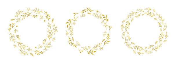 金の花のサークルフレームセット。ベクトル黄金の花の葉の花輪の境界線。ウェディングラウンドフレームのデザイン。手の素朴な繁栄エレガントなサークルの境界線を描いた。ベクターイラスト. - ベクター画像