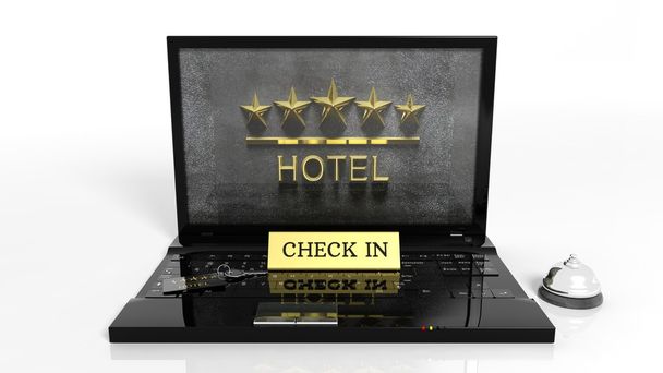 Ноутбук с элементами приема отелей и Five Stars Hotel на экране изолированы
 - Фото, изображение