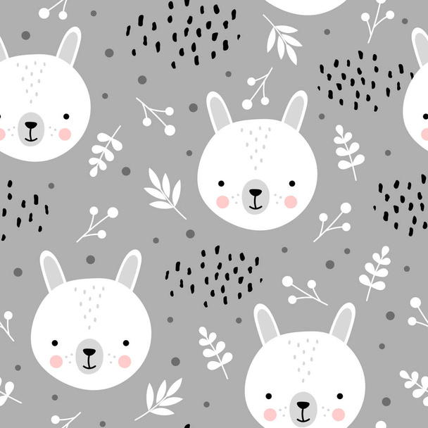 Cute polar bears seamless pattern, hand drawn forest background with plants and dots, vector illustration - Vector, afbeelding