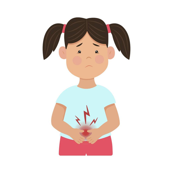 Stomach ache. Upset girl holding his stomach. Childrens rotavirus. Vector illustration. Kid diseases. - Vector, Image
