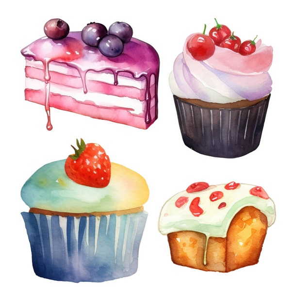 Illustration de gâteau. Collection d'aquarelles isolées de desserts colorés et délicieux - Vecteur, image