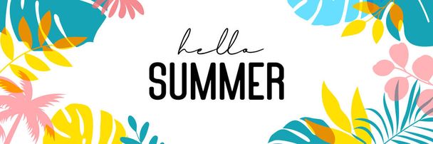 Hello summer tropical with plants and leaf decoration on background. - Vector, Image
