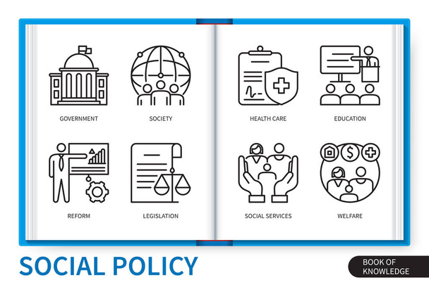 Szociálpolitikai infografika elemek beállítva. Kormány, társadalom, jogalkotás, szociális szolgáltatások, egészségügy, jólét, reform, oktatás. Web vektor lineáris ikonok gyűjtemény - Vektor, kép