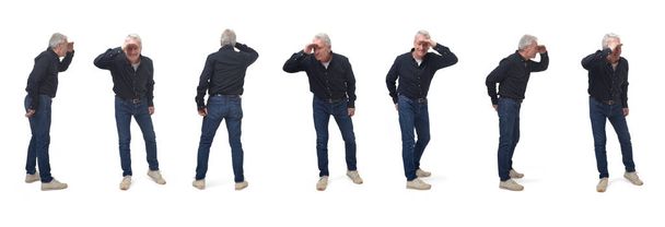 large group of various poses of same man with hands on forehead looking away on white backgrount, - Fotoğraf, Görsel