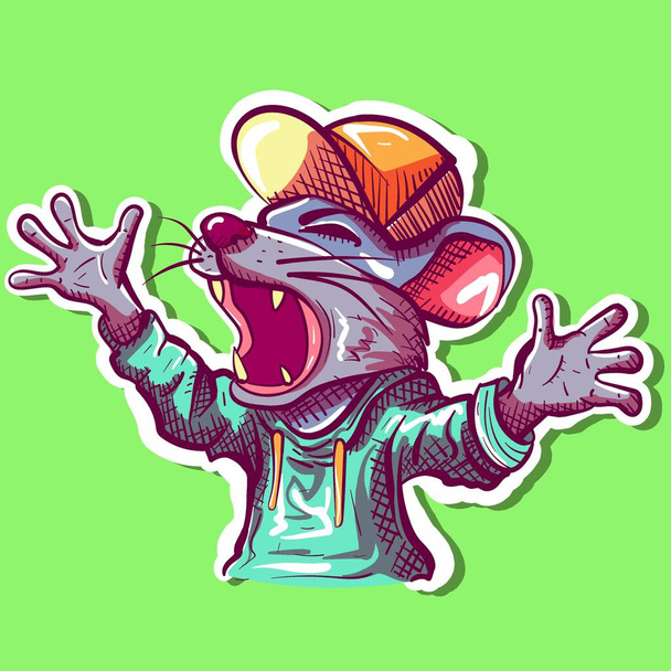 Arte digital de una rata enojada gritando con las manos en alto. Vector de un ratón de hip hop gritando y usando ropa casual, una sudadera con capucha y un sombrero. - Vector, imagen