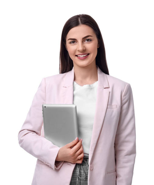 Mooie zakenvrouw met tablet op witte achtergrond - Foto, afbeelding