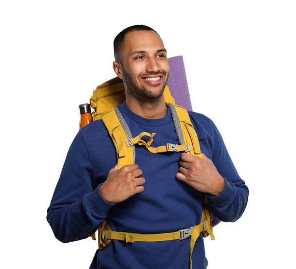 Happy tourist with backpack on white background - Photo, Image