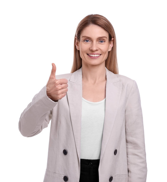 Beautiful happy businesswoman showing thumb up on white background - Foto, imagen