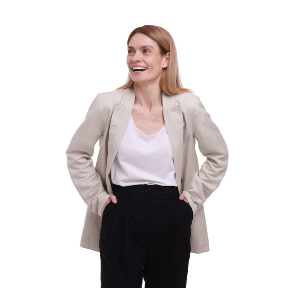 Portrait of beautiful happy businesswoman on white background - Fotografie, Obrázek