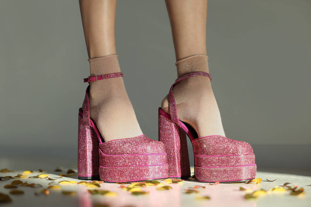 Stylish party. Woman wearing pink high heeled shoes with platform and square toes indoors, closeup - Foto, imagen