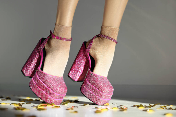 Stylish party. Woman wearing pink high heeled shoes with platform and square toes indoors, closeup - Foto, Imagen