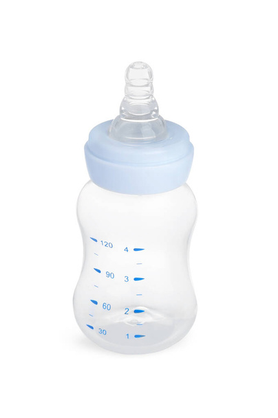 Empty feeding bottle for baby milk isolated on white - 写真・画像