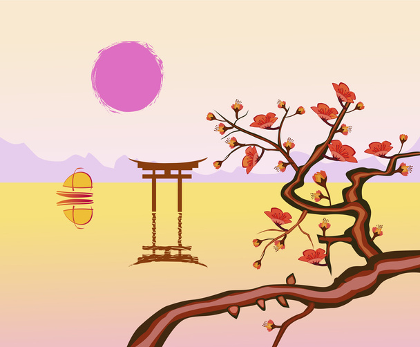 Sakura. 'S avonds in de tuin bloeiende kersen - Vector, afbeelding