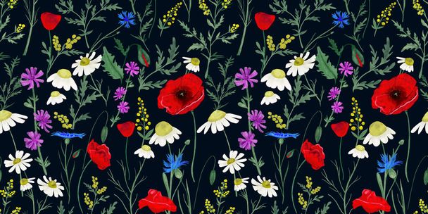 Bright seamless pattern with meadow wildflowers. Print for fabric with poppies, cornflowers and camomiles on the dark background. - Foto, immagini