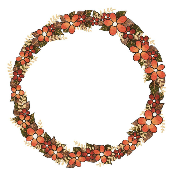 赤い花、シダ、秋の葉はロマンスと秋の季節の花輪のイラスト. - 写真・画像