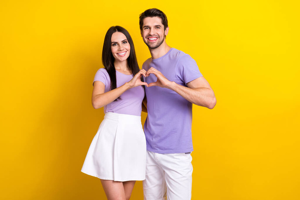 Photo portrait of pretty young girl male arms fingers heart symbol gesture wear trendy purple clothes isolated on yellow color background. - Фото, зображення