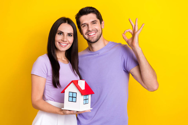 Photo portrait of lovely young lady guy show okey sign hold small house buyers wear trendy purple look isolated on yellow color background. - Φωτογραφία, εικόνα