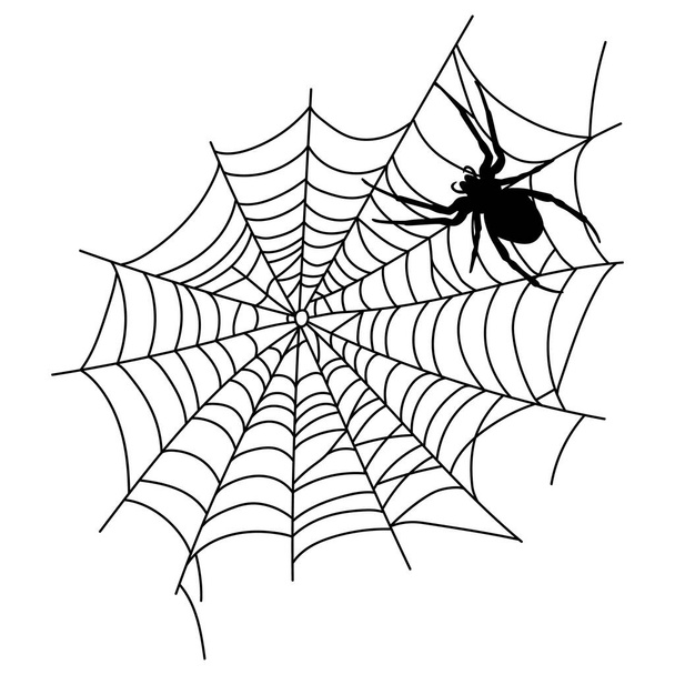 Scary black spider web isolated on white. Spooky halloween decoration. Outline cobweb. Decorative element for your design: holiday poster for party, invitation card, sale. Vector illustration - Διάνυσμα, εικόνα
