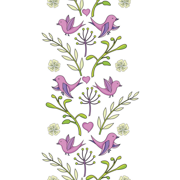 Kusursuz desen: kuş, yaprak ve çiçek, arka planda izole. El çizimi vektör illüstrasyonu - Vektör, Görsel