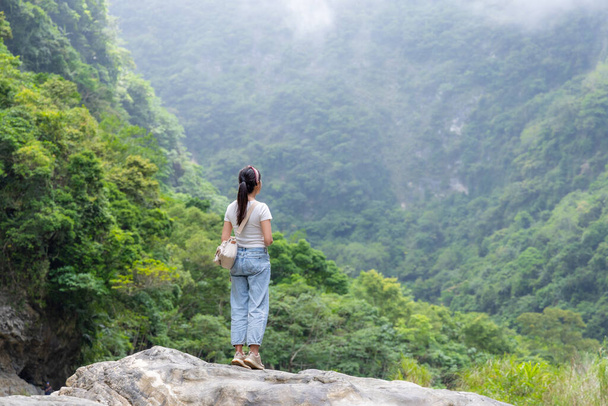 Μια γυναίκα στέκεται στο βράχο και κοιτάζει τη θέα στο δάσος. - Φωτογραφία, εικόνα