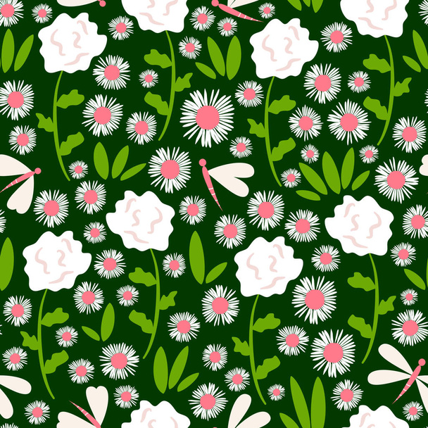 niedlichen lebendigen nahtlosen Vektormuster Illustration mit weißen Blumen und Libellen auf dunkelgrünem Hintergrund - Vektor, Bild