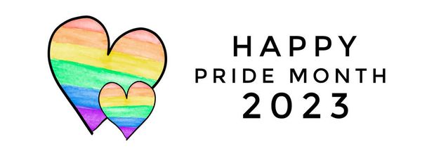 Heart drawing in rainbow colors with texts 'Happy Pride Month 2023', copy space, concept for love of LGBT people and celebration of LGBTQ+ people in pride month, june, around the world. - Photo, Image