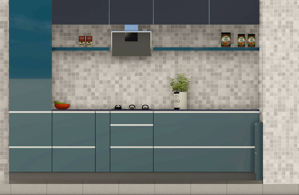 Teal verde y azul de la cocina 3d visualización - Foto, imagen