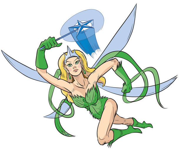 Vector cartoon clip art illustration of a female superhero with a woodland fairy princess theme featuring a crown, star magic wand, and wings. Drawn in a comic book style flying pose. - Vector, Image