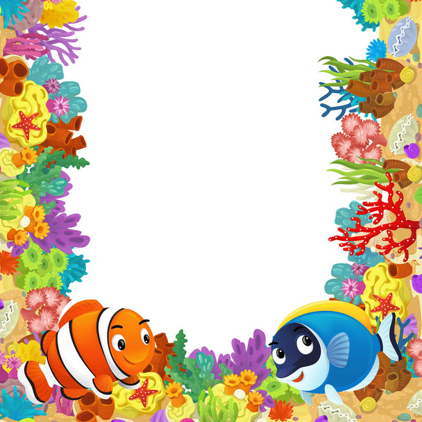 cartoon scene with coral reef and happy fishes swimming near isolated illustration for kids - Zdjęcie, obraz