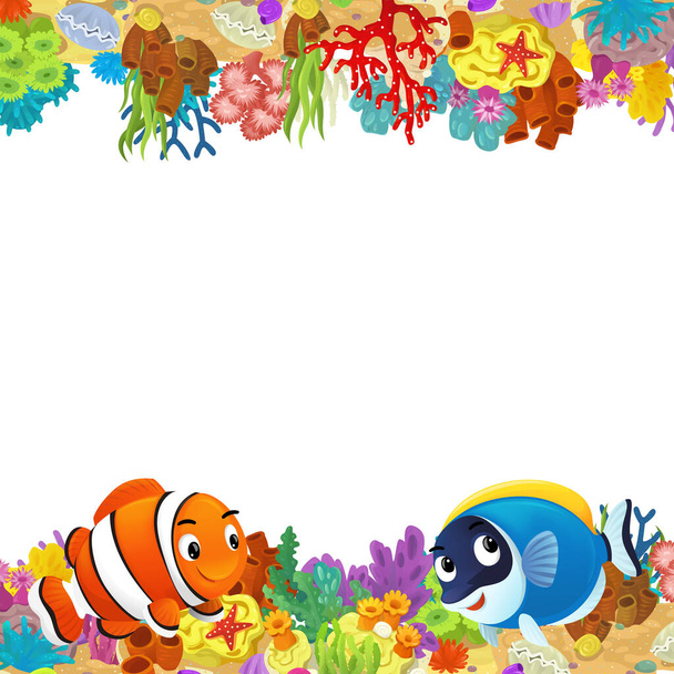 cartoon scene with coral reef and happy fishes swimming near isolated illustration for kids - Fotoğraf, Görsel