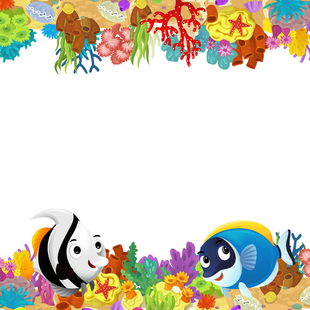 cartoon scene with coral reef and happy fishes swimming near isolated illustration for kids - Фото, зображення