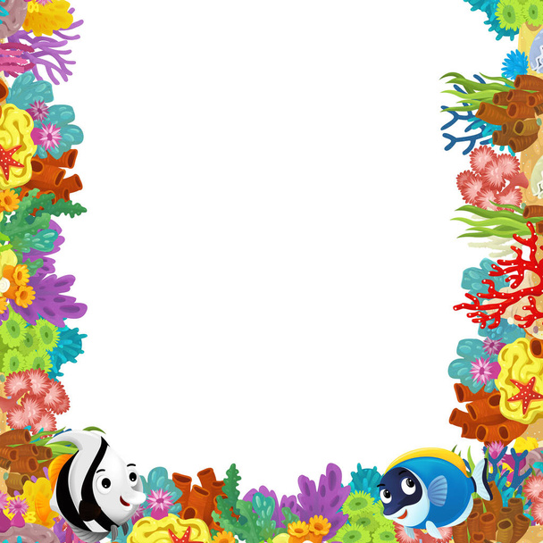 cartoon scene with coral reef and happy fishes swimming near isolated illustration for kids - Photo, Image