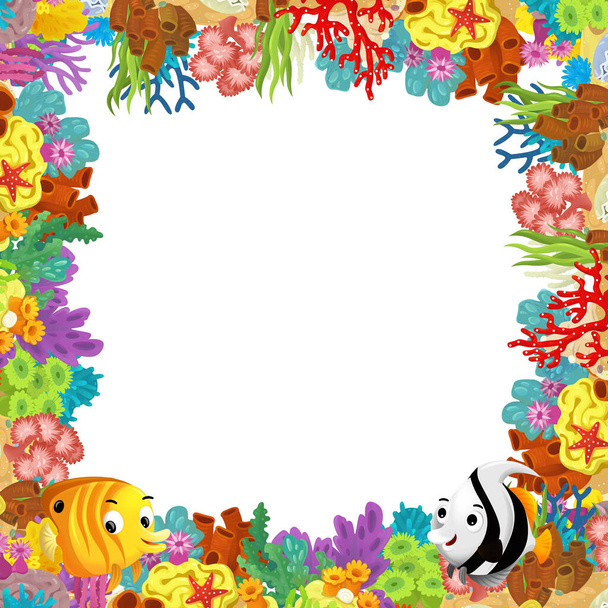 cartoon scene with coral reef and happy fishes swimming near isolated illustration for kids - Φωτογραφία, εικόνα