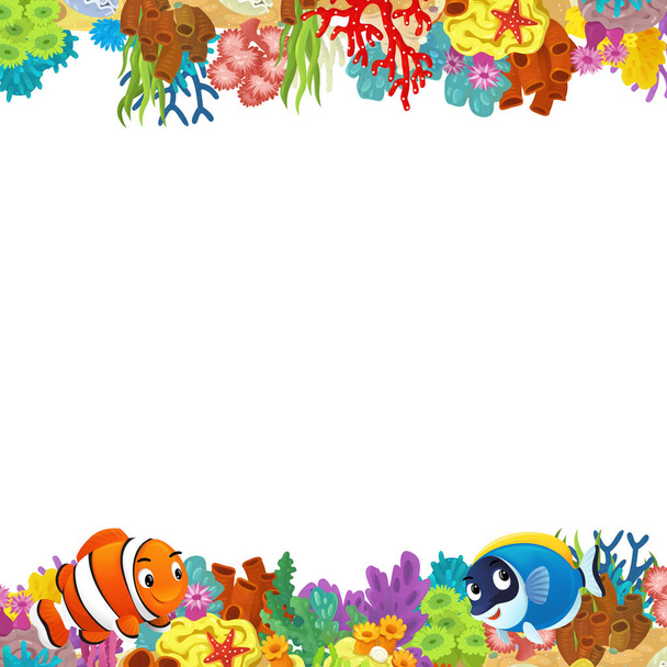 Mercan resifli karikatür sahnesi ve çocuklar için izole edilmiş resimlerin yakınında yüzen mutlu balıklar. - Fotoğraf, Görsel