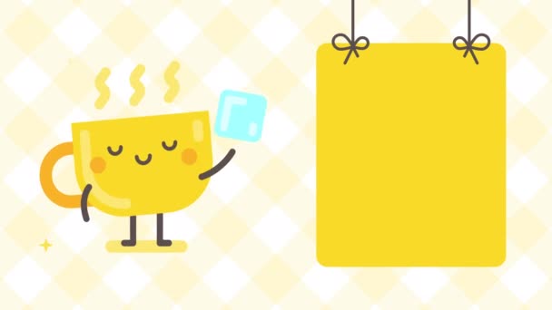 Banner vazio e personagem copo segurando cubo de açúcar. Animação em loop - Filmagem, Vídeo