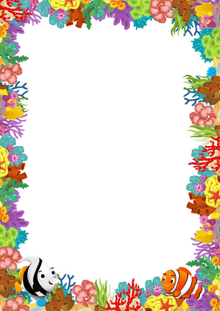 escena de dibujos animados con arrecife de coral y peces felices nadando cerca de ilustración aislada para niños - Foto, Imagen