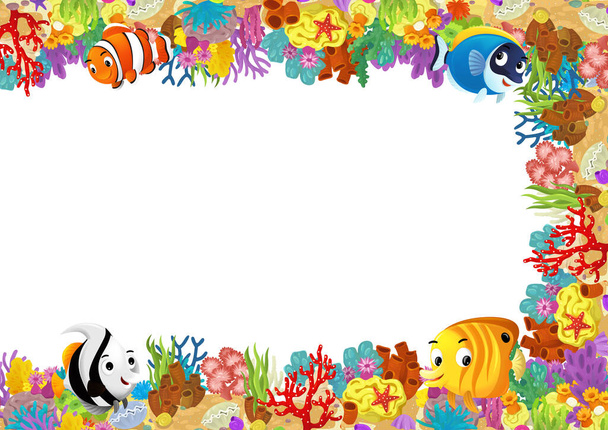 cartoon scene with coral reef and happy fishes swimming near isolated illustration for kids - Fotó, kép