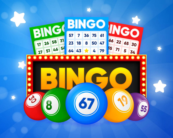 Loterijbonnen en nummerballen. Lotto bingo kaarten met nummers, keno gokken. Kleurrijke weddenschappen lakens met geluksgetallen. Gaming industrie en casino reclame. Vector Illustratie - Vector, afbeelding