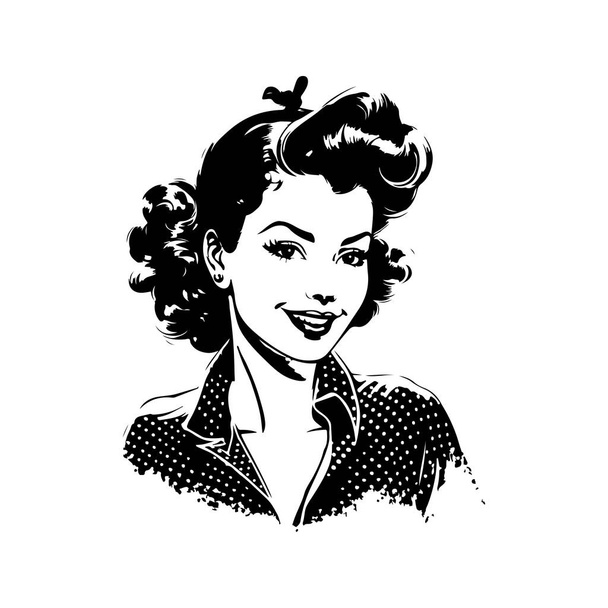 όμορφη pin up κορίτσι, vintage λογότυπο γραμμή τέχνης έννοια μαύρο και άσπρο χρώμα, ζωγραφισμένα στο χέρι εικονογράφηση - Διάνυσμα, εικόνα