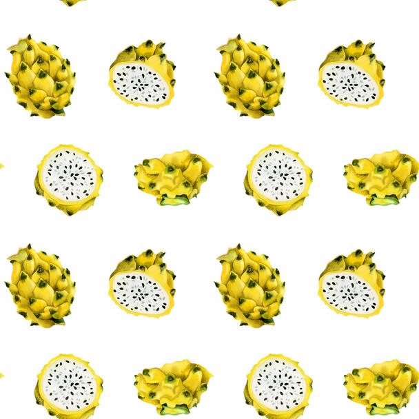 Yellow dragon fruits slices and whole pitaya seamless pattern on white background. Hand drawn illustration for summer menus, fabrics, tropical and exotic designs. - Fotografie, Obrázek