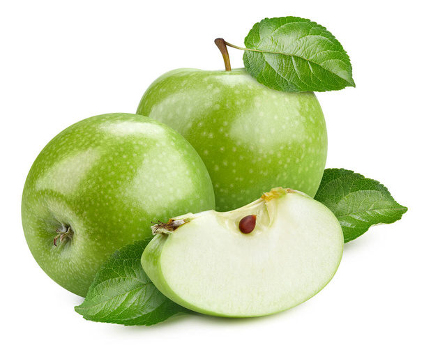 Fresh green apple with green leaf and sliced isolated on white background. Clipping path. - Foto, Bild