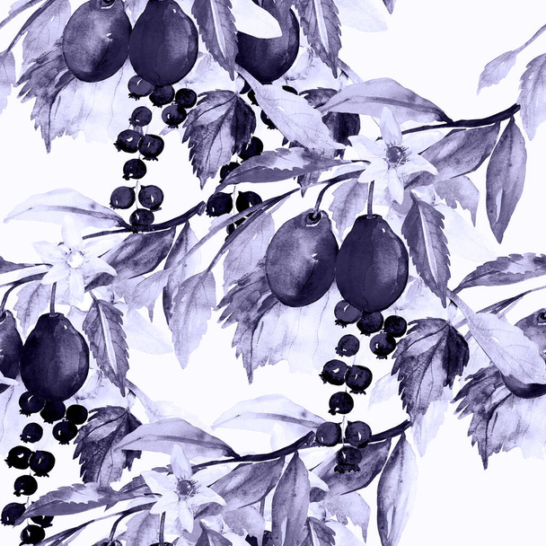 Branch of plum and currant.Seamless pattern.Image on white and colored background. - Foto, Imagem