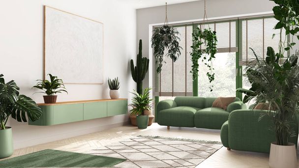 Liebe zu Pflanzen Konzept. Minimal moderne Wohnzimmereinrichtung in Weiß- und Grüntönen. Parkett, Sofa und viele Zimmerpflanzen. Urbane Dschungel-Idee - Foto, Bild