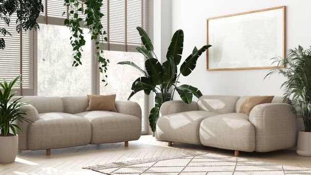 Plants lovers concept. Modern minimal living room in white tones. Parquet, sofa and many house plants. Urban jungle interior design idea - Photo, image