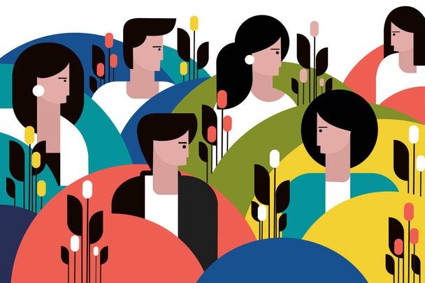Ilustrace skupiny mladých lidí stojících v různých barevných kruzích. Pojem přátelství - Vektor, obrázek